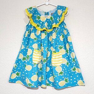 Jelly the Pug Pineapple Parfait Dress Blue Yellow Sleeveless Ruffle